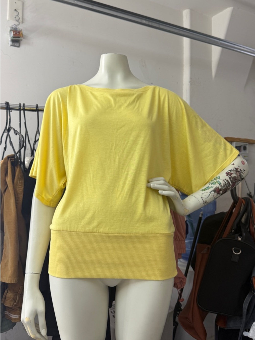 Yellow summer boat neck Drape top large sleeve blouse weavers blouse